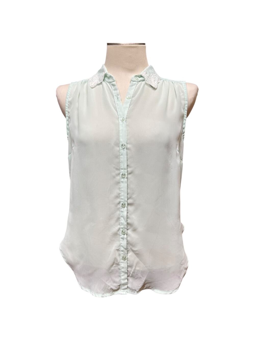 Daytrip Sleeveless Top Lace Collar Sheer Pastel Green Medium